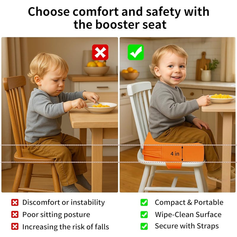 AAAini Toddler Booster Seat for Dining Table – PU Washable Cushion with Double Safe Straps, Non-Slip Bottom, Portable Travel Booster Seat for Toddlers (Orange) - Image 4